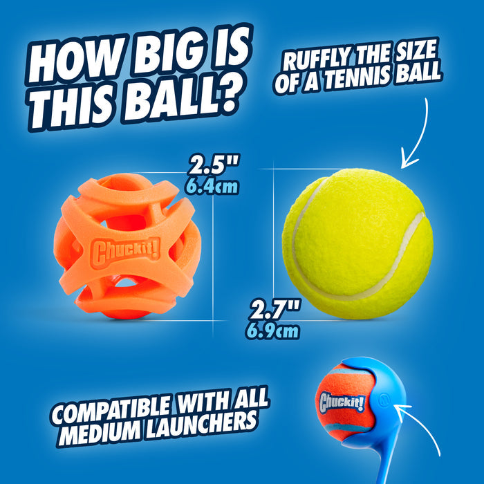 Infographic compares an orange Chuckit! Air Fetch Ball (2.5 in/6.4 cm) by Chuckit! to a yellow durable dog tennis ball (2.7 in/6.9 cm), showing both work with all medium launchers.