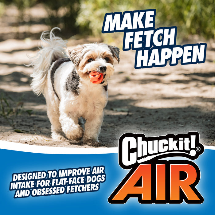 A small dog with a fluffy coat carries a Chuckit! Air Fetch Ball by Chuckit! in its mouth on a dirt path. Text: Make fetch happen. The Chuckit! Air Fetch Ball delivers durable, high-bounce fun for flat-faced breeds and fetch-loving pups.