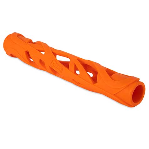 The Chuckit! Air Fetch Stick Dog Toy by Chuckit! is an orange, hollow, cylindrical rubber toy with an open lattice design and textured surface—ideal for fetch games.