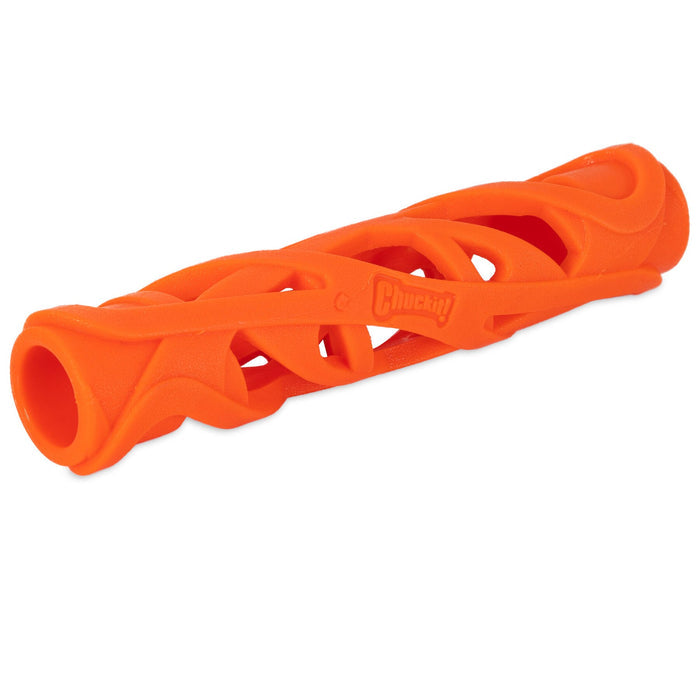 The Chuckit! Air Fetch Stick Dog Toy by Chuckit! is an orange, cylindrical fetch toy with a hollow, spiral design and "Chuckit!" embossed on the side—durable rubber makes it perfect for active play.