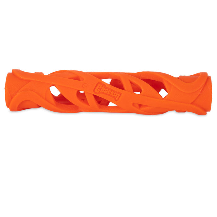 The Chuckit! Air Fetch Stick Dog Toy is an orange, hollow, durable rubber fetch stick with a cylindrical, open swirl design and the Chuckit! brand name embossed on the side.