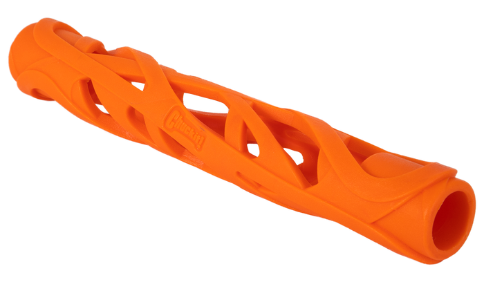 The Chuckit! Air Fetch Stick Dog Toy by Chuckit! features a durable orange rubber design with an open lattice surface, making it ideal for dogs to chew and toss.