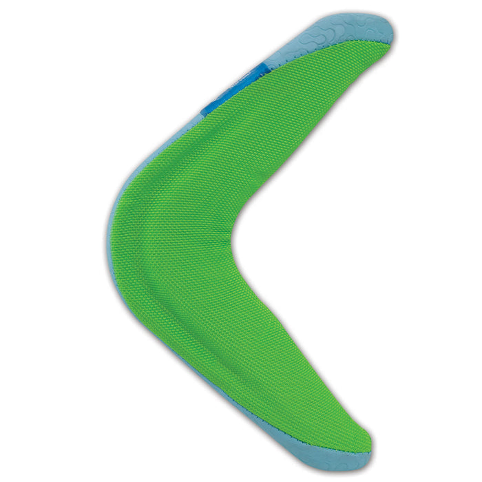 The Chuckit! Amphibious Boomerang by Chuckit! is a green and blue floating dog fetch toy with a textured surface, shown against a white background.