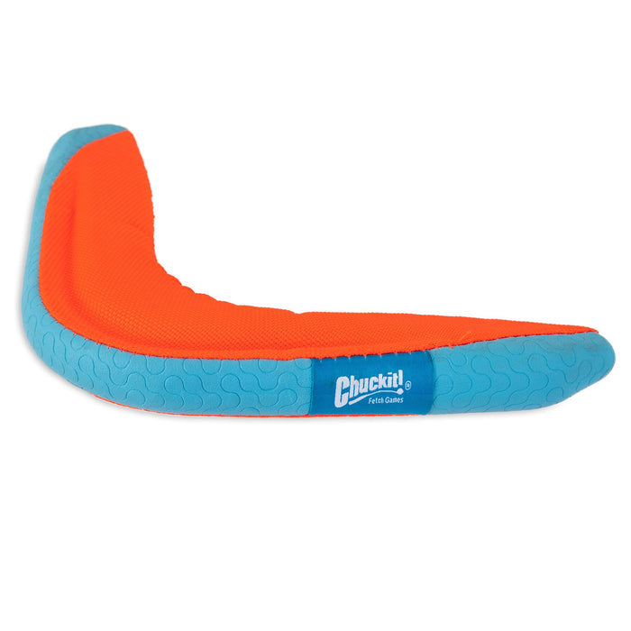 The Chuckit! Amphibious Boomerang by Chuckit! is a blue and orange dog fetch toy made of textured fabric and foam, designed for fetch games and as a floating toy.