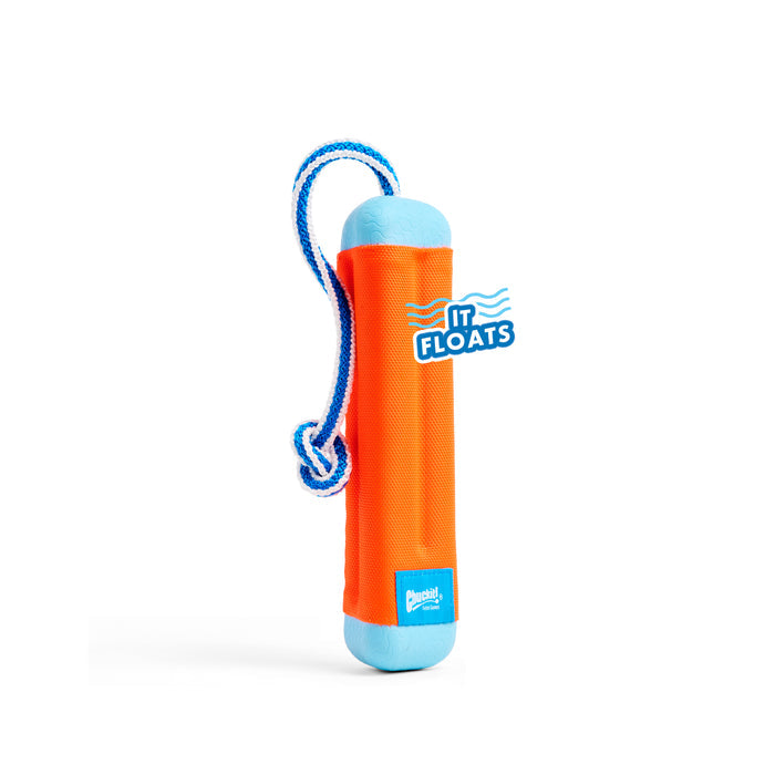 The Chuckit! Amphibious Bumper Floating Dog Toy by Chuckit! features a bright orange and blue cylindrical design with a rope handle, textured surface, and a sign saying IT FLOATS—perfect for interactive water play with your dog.