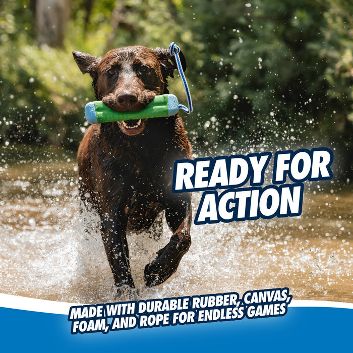 A wet, happy dog runs with a Chuckit! Amphibious Bumper Floating Dog Toy. Text: READY FOR ACTION—made by Chuckit! with durable rubber, canvas, foam & rope for endless interactive play. Perfect floating toy for water-loving pups!.