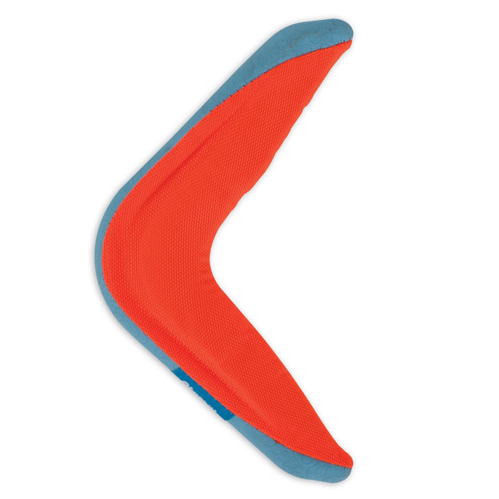 The Chuckit! Amphibious Bundle Pack features a boomerang with a vibrant red center, light blue edges, and smooth curve. It has a grippy texture for easy throwing and catching and uses Bounceflex Core technology, making it an ideal fetch toy for energetic dogs.