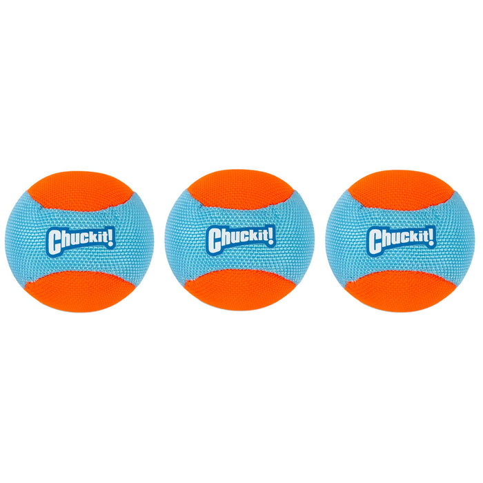 The Chuckit! Amphibious Fetch Balls Medium 3 Pack includes three vibrant balls, ideal for water-loving dogs. They feature a blue and orange design with alternating panels, perfect to pair with Chuckit! Launchers for endless fun.