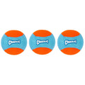 The Chuckit! Amphibious Fetch Balls Medium 3 Pack includes three vibrant balls, ideal for water-loving dogs. They feature a blue and orange design with alternating panels, perfect to pair with Chuckit! Launchers for endless fun.