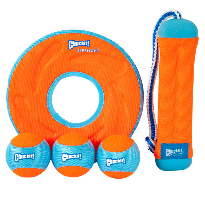 The Chuckit! Amphibious Fetch Value Pack by Chuckit! includes four water fetch toys—a flying disc, three balls, and a rope-handled cylindrical launcher—in bright orange and blue, all displayed on a white background.