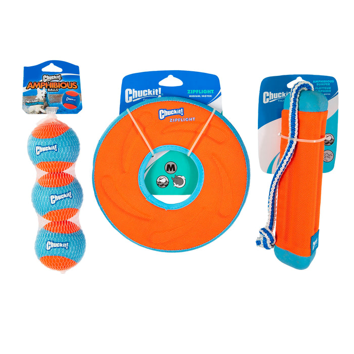 The Chuckit! Amphibious Fetch Value Pack by Chuckit! includes three water toys—a set of fetch balls, a flying disc, and a rope-handled toy—for endless aquatic fun.