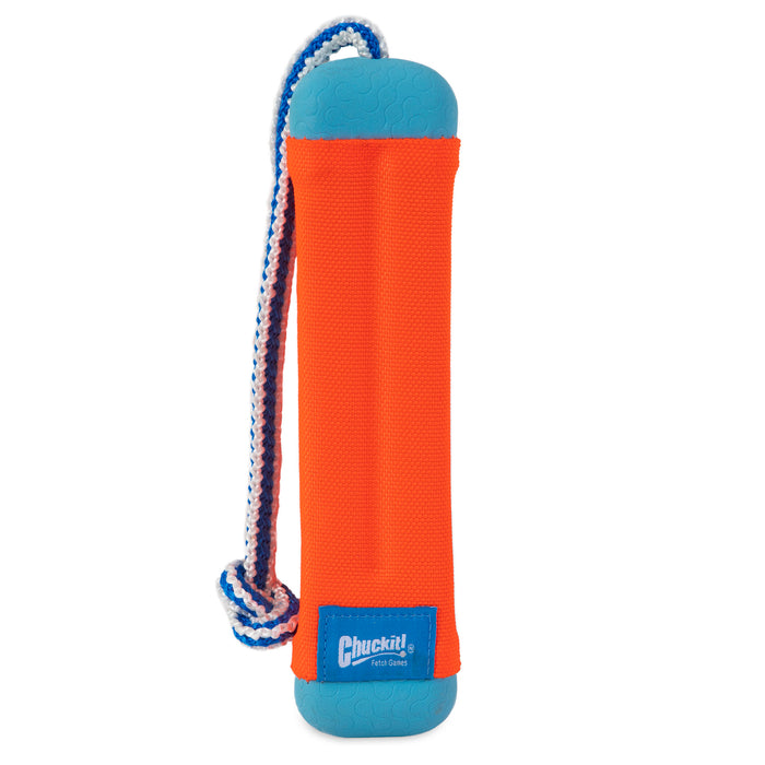 The Chuckit! Amphibious Fetch Value Pack by Chuckit! features a bright orange and blue cylindrical dog toy with a white and blue rope handle—ideal for water fetch games.