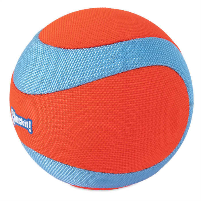 The Chuckit! Amphibious Mega Ball by Chuckit! is a textured rubber floating dog ball with a bright orange surface and light blue stripe, ideal for water play.