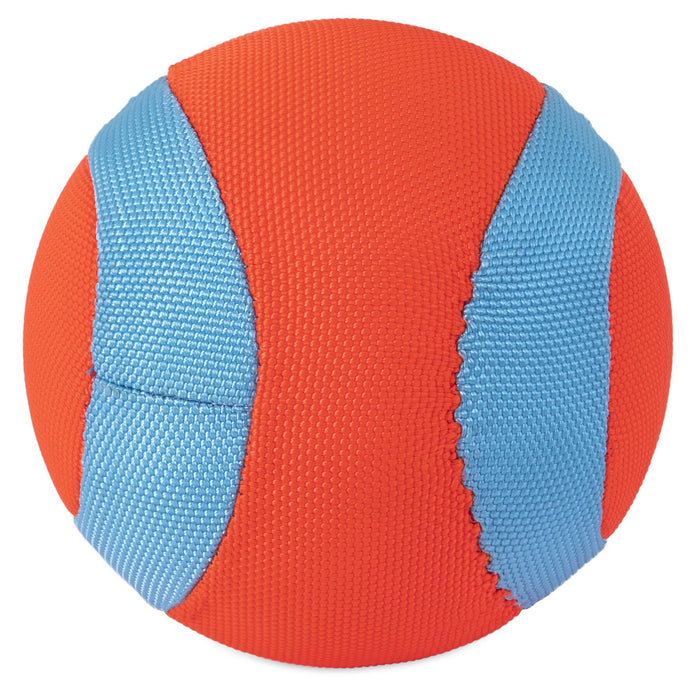 The Chuckit! Amphibious Mega Ball by Chuckit! is a round, floating dog toy with a textured surface, featuring bright orange as the main color and two curved light blue panels—ideal for water play.