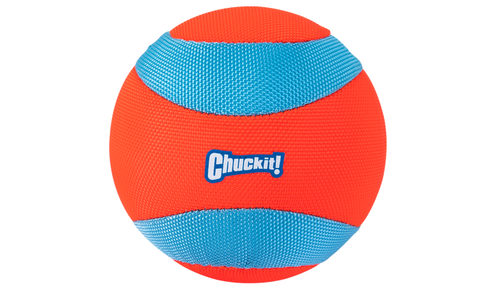 The Chuckit! Amphibious Mega Ball by Chuckit! is a bright orange and blue floating dog ball with a textured surface, shown against a white background. The Chuckit! logo appears at the center. Ideal as a water toy for dogs.