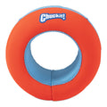 The Chuckit! Amphibious Roller is a round dog toy with a central hole, textured orange and smooth blue fabric, and the Chuckit! logo on top. This floating toy from Chuckit! is great for play on land or in water.