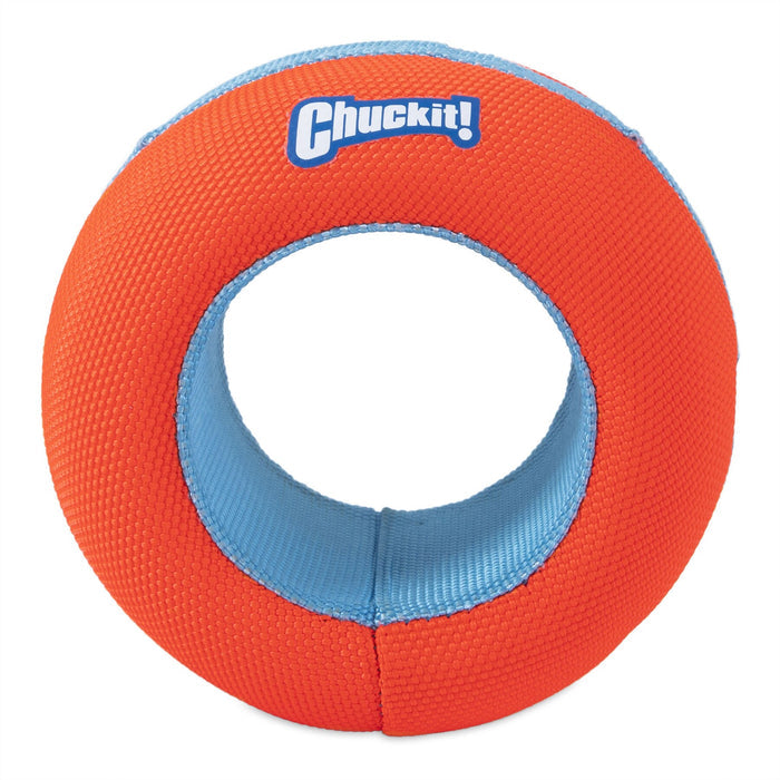 The Chuckit! Amphibious Roller is a round dog toy with a central hole, textured orange and smooth blue fabric, and the Chuckit! logo on top. This floating toy from Chuckit! is great for play on land or in water.