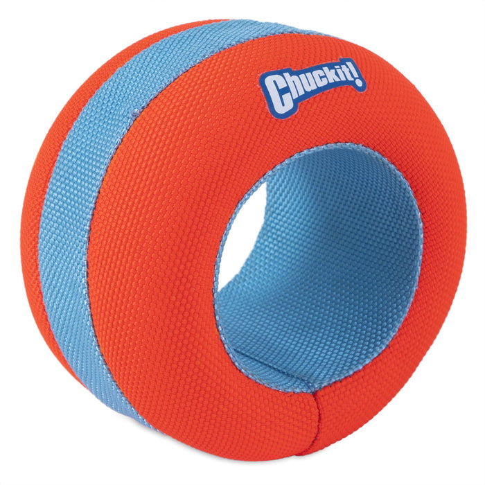 The Chuckit! Amphibious Roller is a round, hollow floating dog toy in orange and blue textured fabric with the Chuckit! logo, shaped like a thick ring or donut—ideal for water play.
