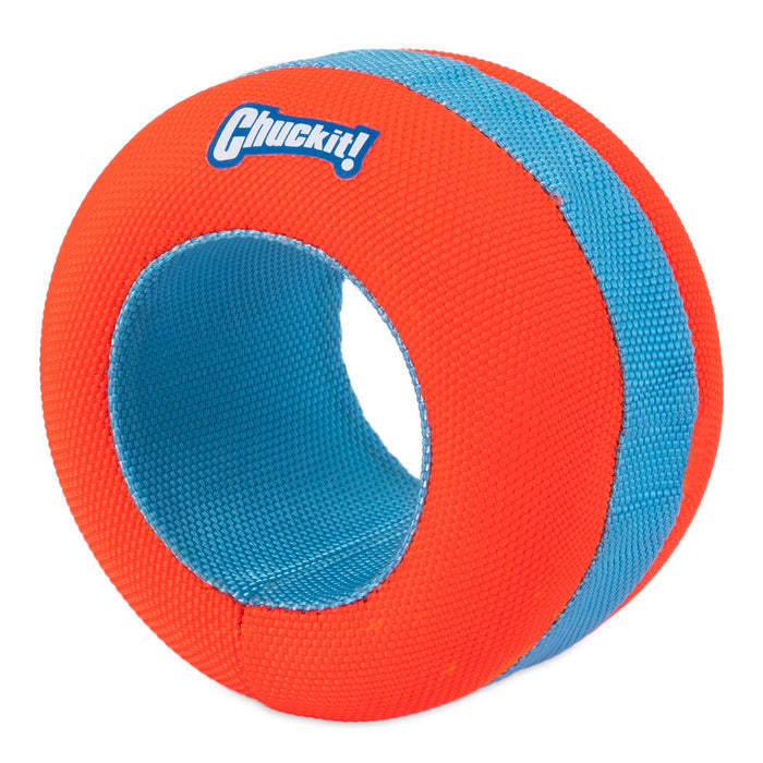 The Chuckit! Amphibious Roller by Chuckit! is a bright orange and blue ring-shaped dog toy made of durable textured fabric that floats, making it ideal for fetch on land or water.