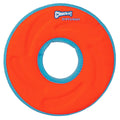 The Chuckit! Amphibious Zipflight is a round orange and blue floating dog toy with a center hole, ideal for water fetch. Branded with "Chuckit!", it's perfect for pups who love to play in the water.