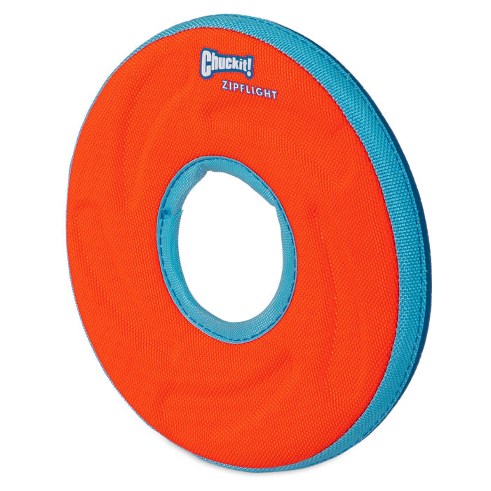 The Chuckit! Amphibious Zipflight is an orange and blue circular fetch toy with a center hole. Designed by Chuckit!, it floats, has a soft texture, and is perfect for throwing and fetching fun on land or in water.