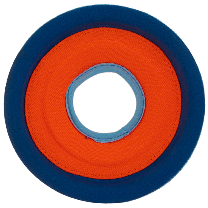 The Chuckit! Amphibious Zipflight by Chuckit! is a circular floating dog toy with a blue outer ring, orange inner ring, and light blue center hole—perfect for tossing and fetching fun. Made of durable fabric and shown from above.