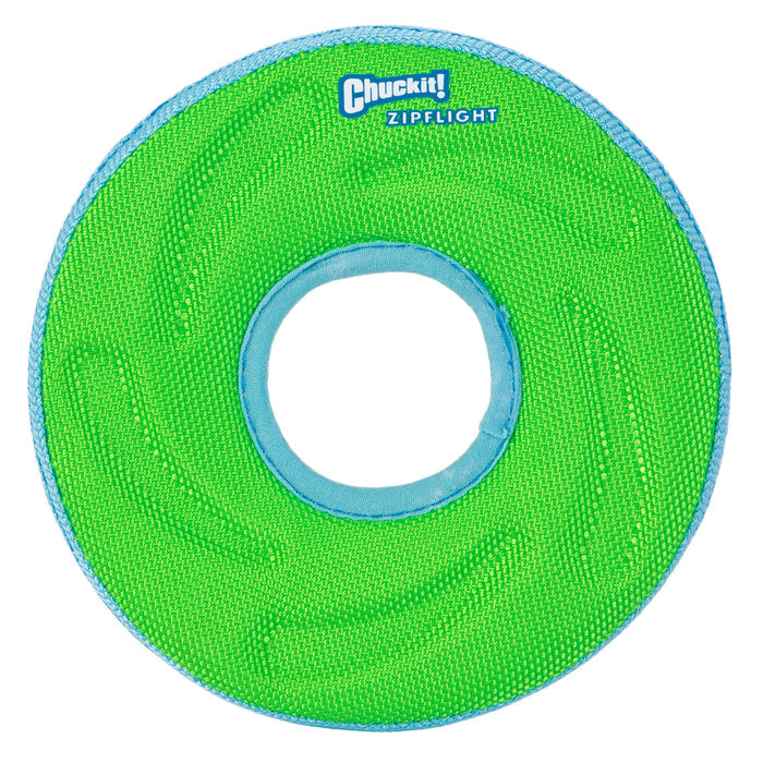 The Chuckit! Amphibious Zipflight is a circular, bright green dog fetch toy with blue trim, a center hole, and floats on water. The Chuckit! brand and product name are printed in blue and white at the top.