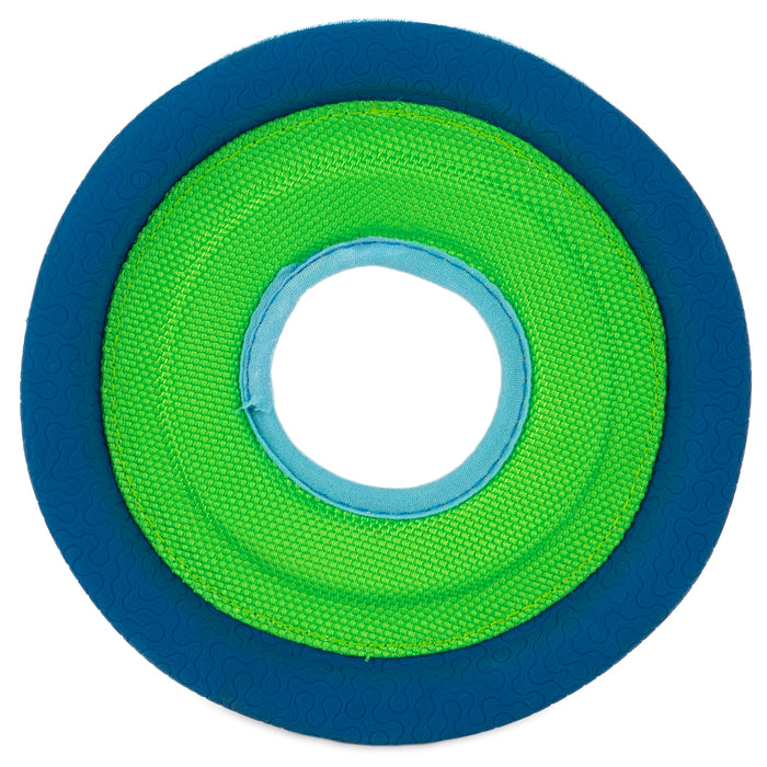 The Chuckit! Amphibious Zipflight by Chuckit! is a round, flat dog fetch toy with a blue outer ring, bright green middle ring, and light blue inner ring around a center hole. Made from textured fabric, it's designed to float for water play.