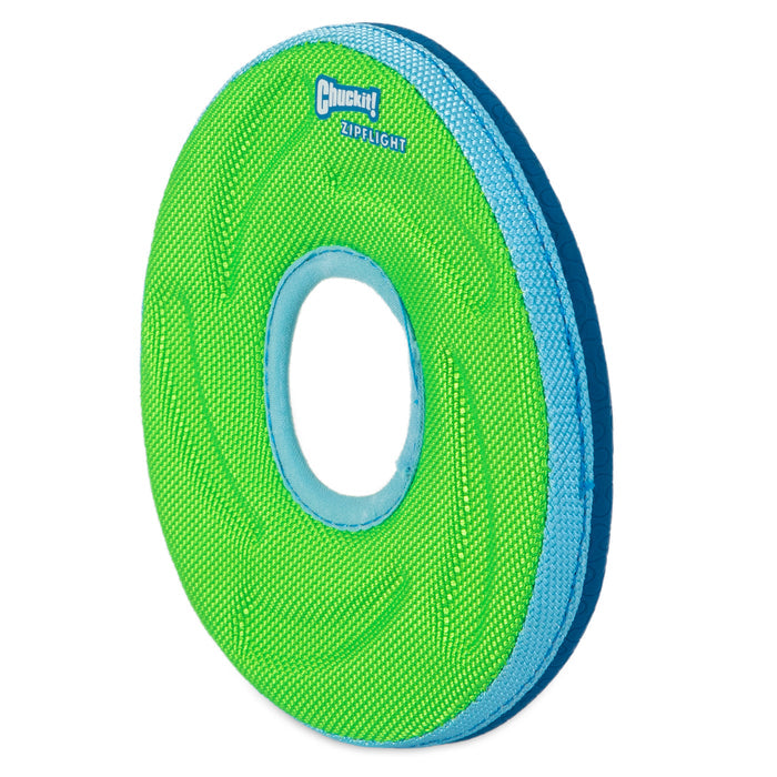 The Chuckit! Amphibious Zipflight by Chuckit! is a green and blue ring-shaped floating dog toy, perfect for fetch on land or water, shown upright on a white background.