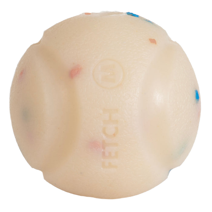 The Chuckit! Birthday Fetch Ball Medium by Chuckit! is a textured, off-white ball made from natural rubber, featuring the word "FETCH" embossed and colorful flecks embedded in its durable surface.