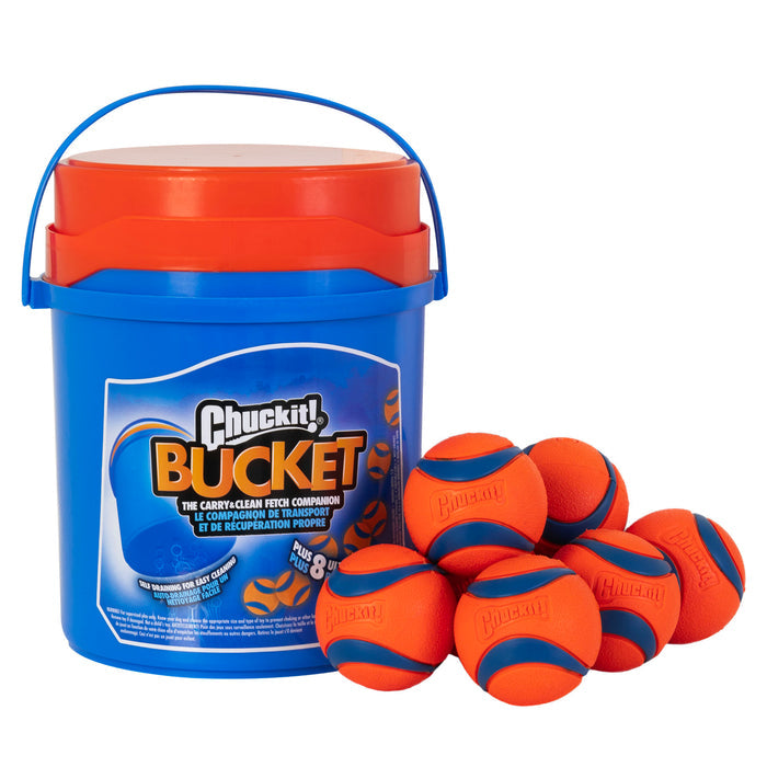 A Chuckit! Bucket With Ultra Balls by Chuckit! is shown in blue with an orange handle, labeled "BUCKET," next to seven orange and blue Ultra Balls arranged in front of it.