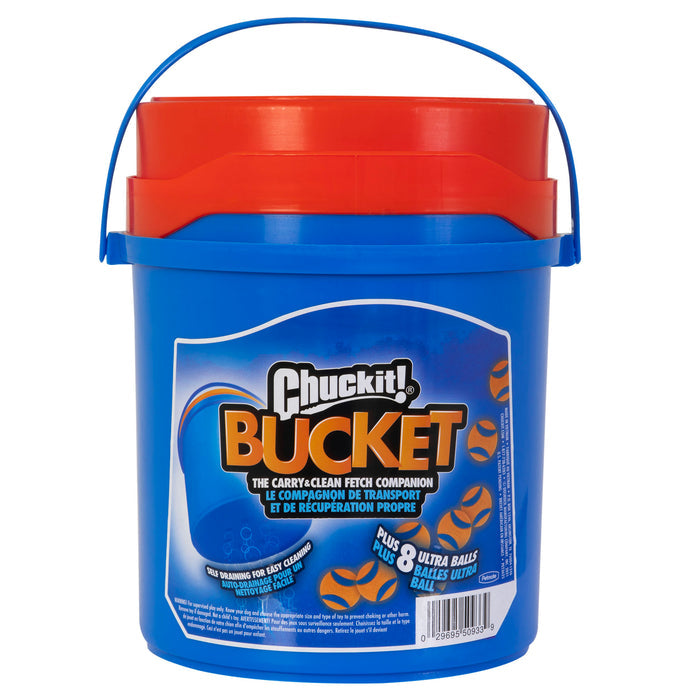 The Chuckit! Bucket With Ultra Balls by Chuckit! is a blue bucket with an orange lid and handle, featuring fetch toy images and text stating it holds over 8 Ultra Balls.