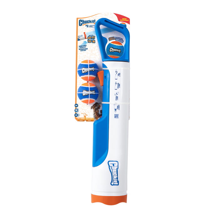 The Chuckit! Cannon & Cannon Max Dog Ball Launcher by Chuckit! is shown upright against a white background, in blue and white packaging, with an ergonomic handle and an orange launcher head.