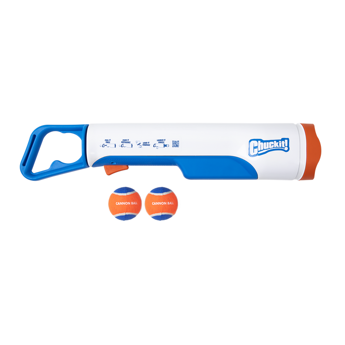 The Chuckit! Cannon & Cannon Max Dog Ball Launcher by Chuckit! in white, blue, and orange is shown with two orange and blue Cannon Ball tennis balls, all displayed on a plain white background.