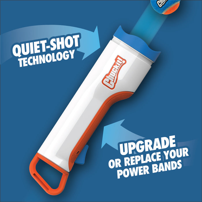 The Chuckit! Cannon & Cannon Max Dog Ball Launcher by Chuckit! is shown in white and orange with a loaded tennis ball, featuring arrows highlighting QUIET-SHOT TECHNOLOGY and the option to upgrade or replace power bands on a blue background.