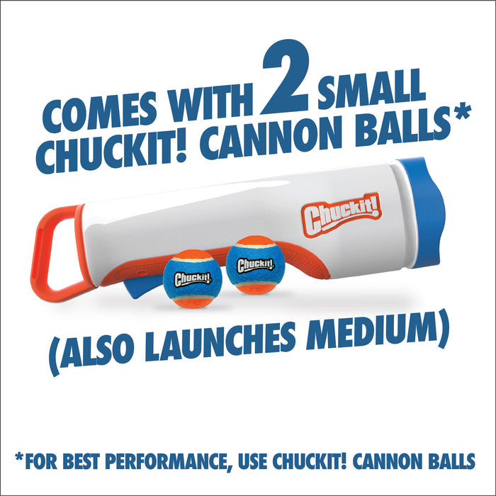 The Chuckit! Cannon & Cannon Max Dog Ball Launcher by Chuckit! comes with 2 small orange and blue balls and also launches medium balls. For best performance, use the launcher’s cannon balls.