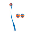A Chuckit! Classic 26M Launcher with handle is placed beside two orange and blue Ultra Balls from the Chuckit! Ultra Ball Medium 3 Pack, all shown on a white background.