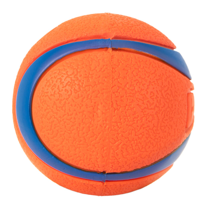 The Chuckit! Classic Dog Ball Launcher & Fetch Medley Bundle features a textured orange ball with a blue curved stripe, perfect for durable play. The rough surface enhances premium fetching, making it an ideal member of any Fetch Medley Gen 3 collection by Chuckit.