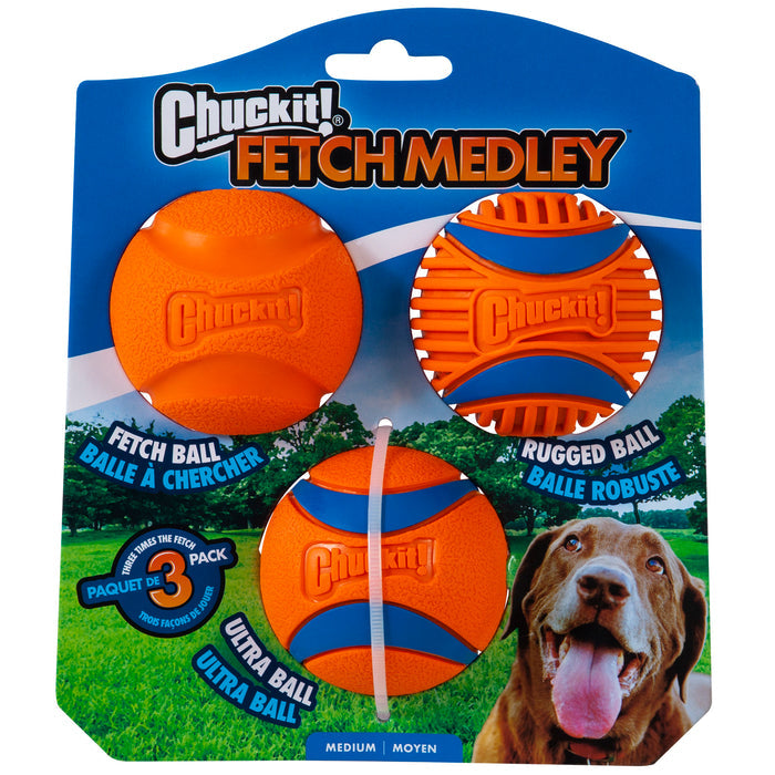 Packaging for Chuckit! Classic Dog Ball Launcher & Fetch Medley Bundle by Chuckit! shows three orange and blue dog fetch balls—Fetch Ball, Rugged Ball, Ultra Ball—that fit the launcher. A happy brown dog appears at the bottom right.