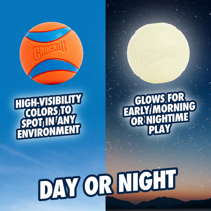Split image: Left side features the Chuckit! Day & Night Ultra Ball Large (2 Pack) with bright orange and blue colors; right side displays the glow-in-the-dark ball from Chuckit!, ideal for fetch during early mornings or nighttime.