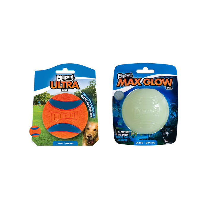 The Chuckit! Day & Night Ultra Ball Large 2 Pack includes one orange Ultra Ball and one Max Glow Ball, both labeled Large and designed for fetch, making them ideal for play with your dog anytime. Brand: Chuckit!.