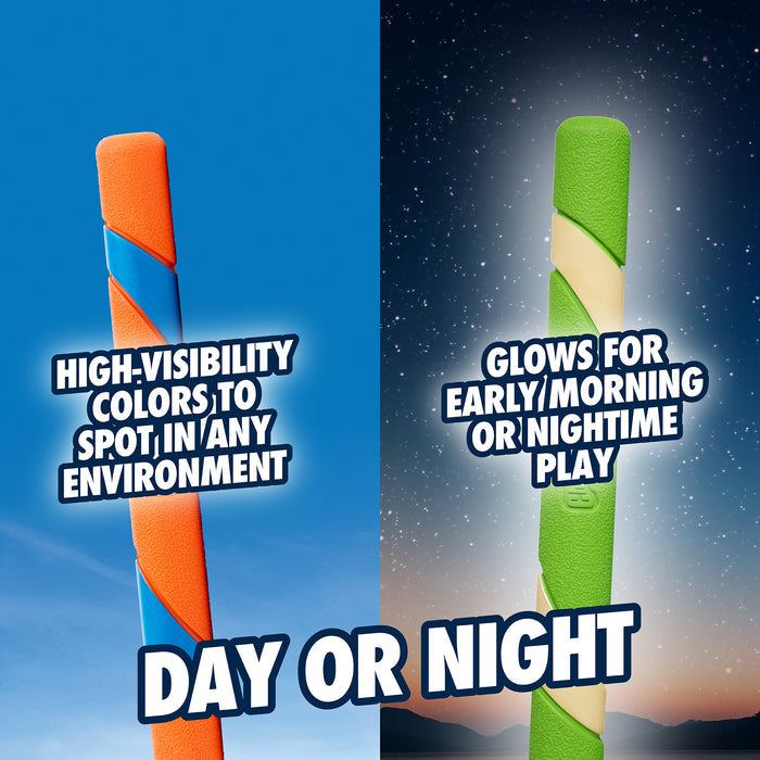 Two Chuckit! Day & Night Ultra Fetch Sticks: one orange/blue with high-visibility colors for any environment, the other glows in the dark—perfect for play from dawn to dusk. Both by Chuckit!.
