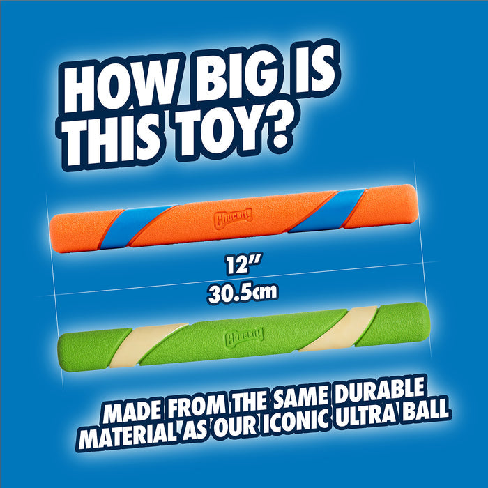 Two Chuckit! Day & Night Ultra Fetch Sticks by Chuckit! are shown—one orange with blue accents, one green with beige. Each durable fetch toy is 12 in/30.5 cm long, ideal for fetch games. Text above asks: How big is this toy?.