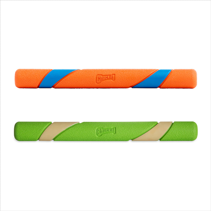 The Chuckit! Day & Night Ultra Fetch Stick 2 Pack includes two durable, textured cylindrical dog toys—one orange with blue stripes, one green with tan stripes—each embossed with the Chuckit! logo for fun, active fetch sessions.
