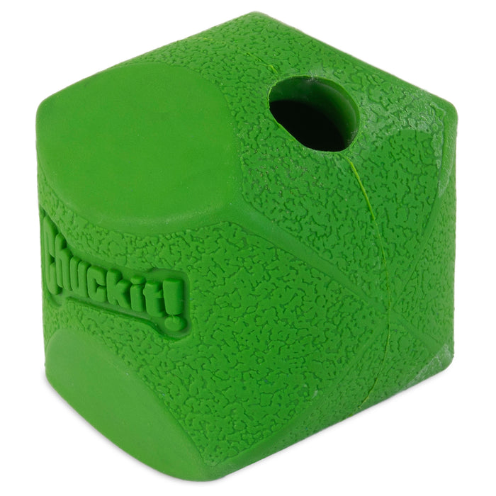 The Chuckit! Erratic Ball Dog Toy is a green, cube-shaped rubber ball by Chuckit! featuring textured sides, a circular hole, and an embossed logo—designed for unpredictable bounces to keep dogs entertained.