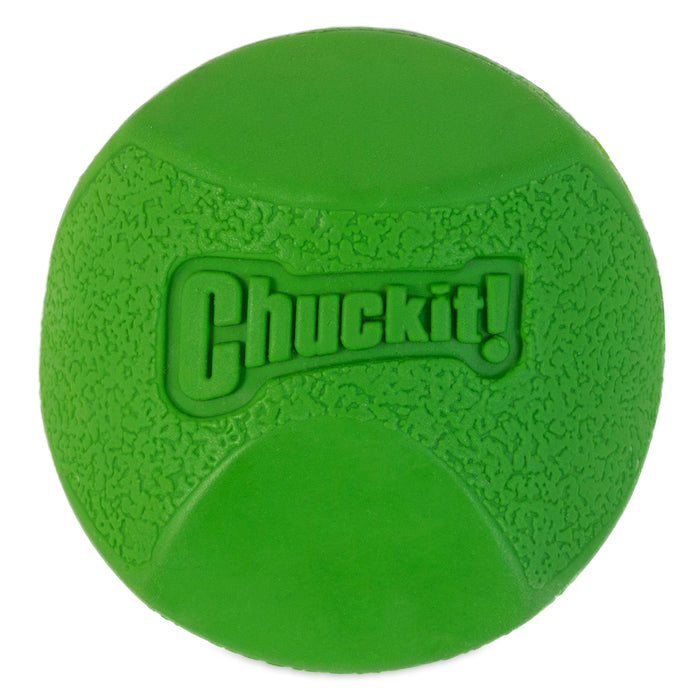 The Chuckit! Erratic Ball Dog Toy by Chuckit! is a green durable rubber dog ball with textured and smooth sections, “Chuckit!” embossed on its surface, designed for unpredictable bouncing and extra backyard fun.