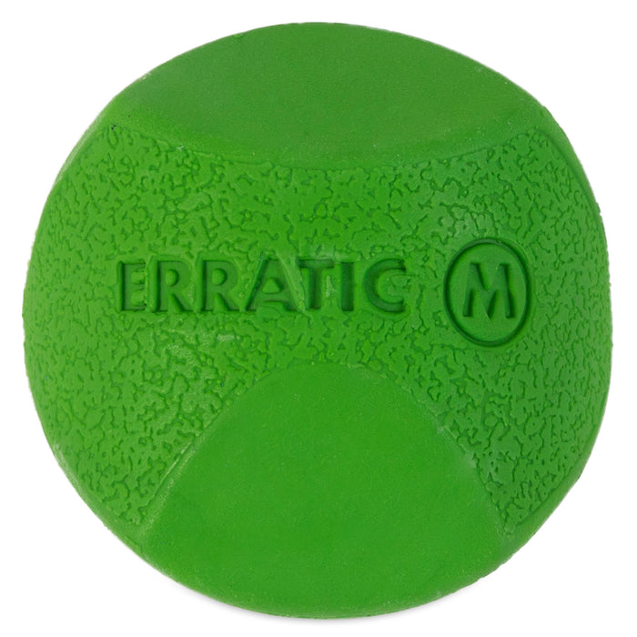 The Chuckit! Erratic Ball Dog Toy by Chuckit! is a durable rubber ball with a textured surface and "ERRATIC M" embossed, featuring an irregular shape for unpredictable bounces that add extra fun to your dog's playtime.