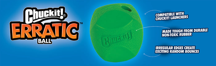 A green Chuckit! Erratic Ball Dog Toy by Chuckit! on a blue background, highlighting its durable rubber design, launcher compatibility, and irregular edges for unpredictable bouncing fun to excite your pup.