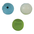 The Chuckit! Fetch Ball Medley Triple Pack by Chuckit! includes a blue ball with a hole, a white glow-in-the-dark ball, and a green logo ball—perfect small fetch balls for dogs, shown on a white background.