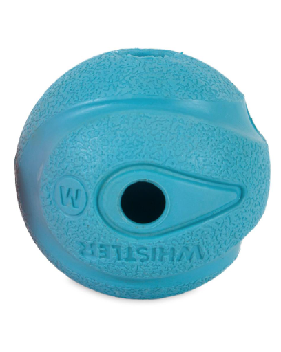 The Chuckit! Fetch Ball Medley Triple Pack by Chuckit! includes a textured blue rubber ball with a central hole, WHISTLEX embossed, raised teardrop design, and an M in a circle—ideal for small dog fetch games.
